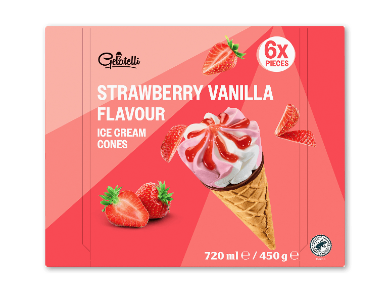 Jordbær vanilje isvafler, 6 styk, 720ml / 450g