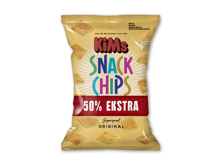 Pose chips med teksten 'Snack Chips 50% Extra Original'.