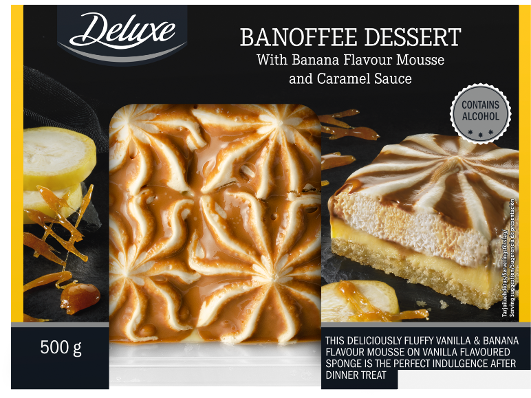 Banoffee dessert med banansmag mousse og karamelsauce, indeholder alkohol, 500 g.