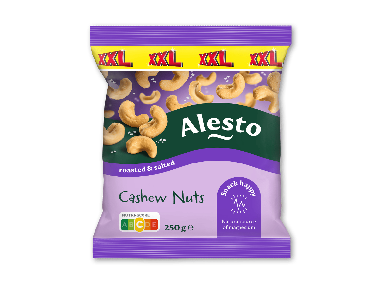 XXL pose ristede og saltede cashewnødder, 250g, med Nutri-score C og magnesiumkilde.