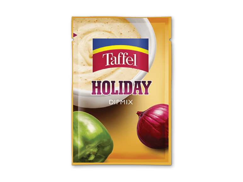 Holiday Dipmix emballage, med billede af dip, grøn peberfrugt og rødløg.