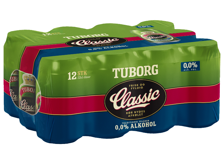 Pakke med 12 dåser alkoholfri pilsnerøl, grøn-blå med røde accenter.