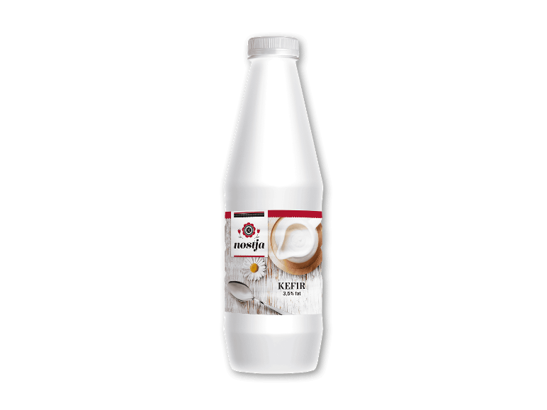 Pilos Nostja Kefir-drik, 3,5% fedt, i en hvid flaske med etiket, der viser kefir i en skål.