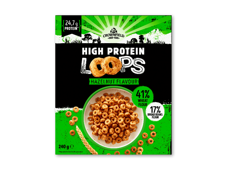 Højprotein morgenmadsprodukt med hasselnøddesmag med 24,7g protein, 41% hvedemel og 17% hestebønnemel.