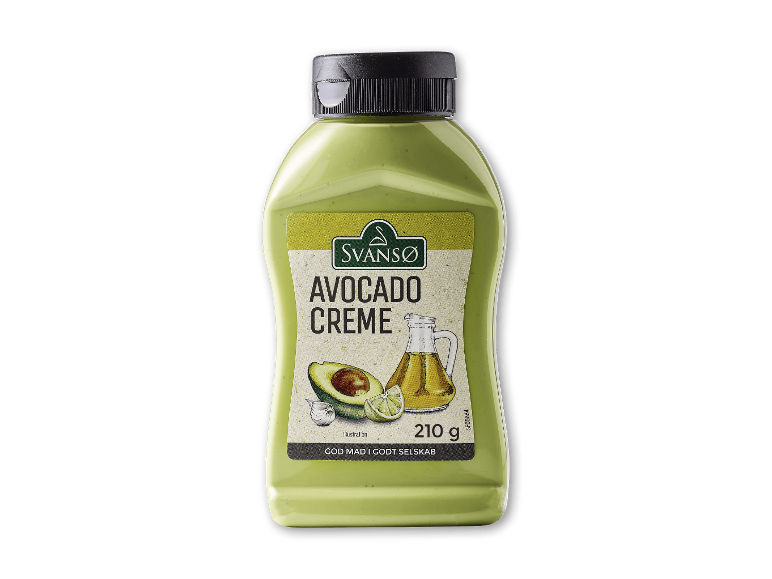 Flaske avocadocreme med illustration af avocado, hvidløg og olie, 210 g.