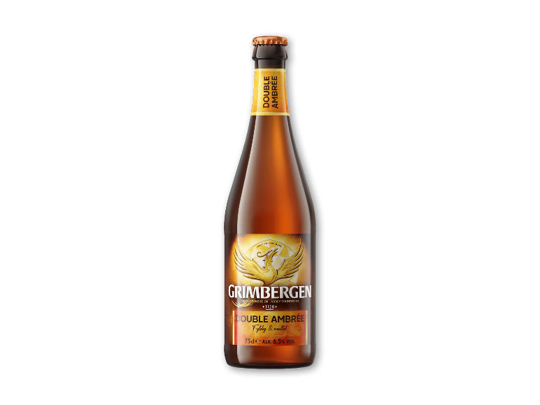 En 75 cl flaske dobbelt ravgylden øl med 6,5 % alkoholindhold.