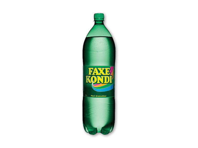 Grøn sodavandsflaske med farverig etiket, 2 L, med druesukker.