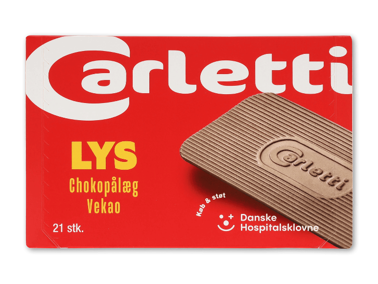 Rød emballage med lyst chokoladepålæg og angivelse af 21 stk.