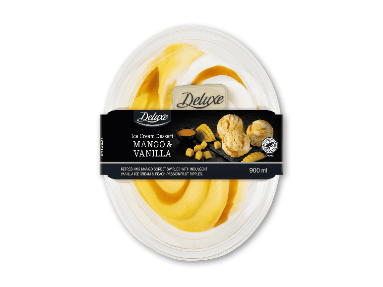 Mango- og vaniljeisdessert i en 900 ml bøtte