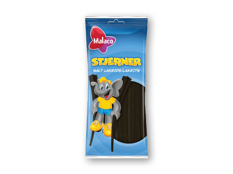 Saltlakridsstænger i en blå pakke med en tegnet elefant