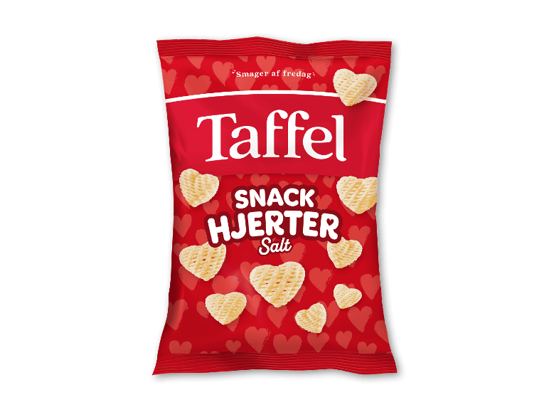 Rød pose med hjerteformede snacks, med teksten 'SNACK HJERTEN Salt' synlig.