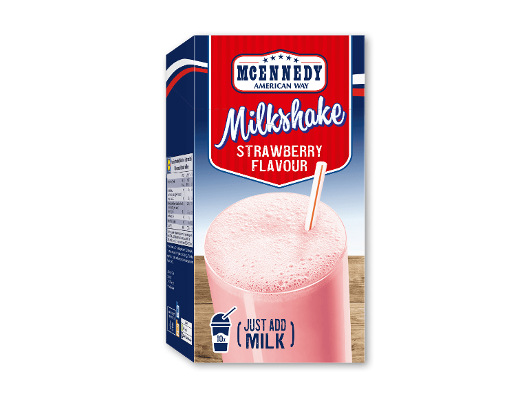 Pulvermix til milkshake med jordbærsmag i en æske