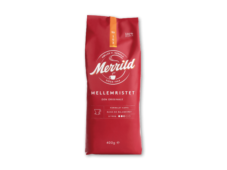 Rød kaffepakke med teksten „Mellemristet“, 400 g.