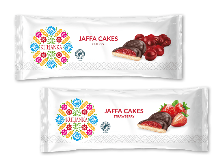 SONDEY Kuljanka Softcake Jaffa Cakes med kirsebær og jordbær, pakker med traditionelle mønstre.