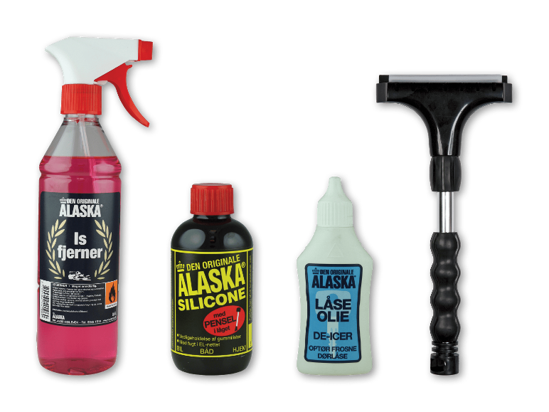 Bilplejesæt til vinteren med de-icer spray, silikone, låseolie og en isskraber.