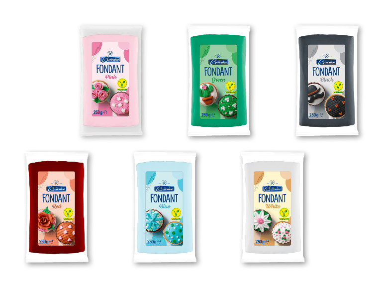 Udvalg af vegansk fondant i forskellige farver, 250g pakker