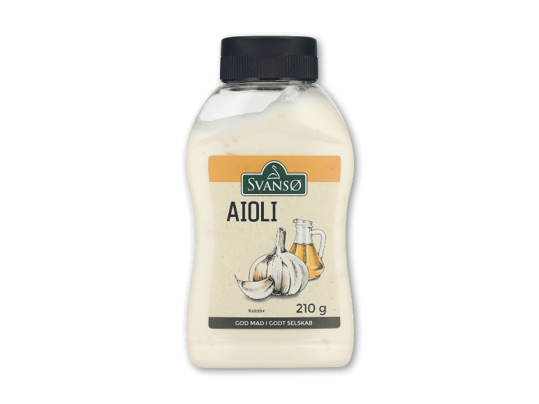 Flaske aioli sauce med illustration af hvidløg og olie, 210 g.