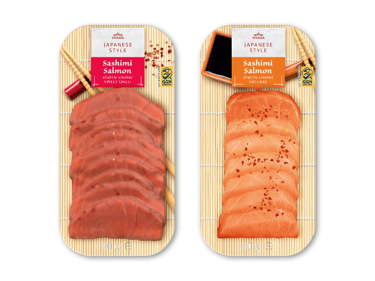 To pakker japansk stil sashimi laks, en sød chili og en naturlig, 80g hver.