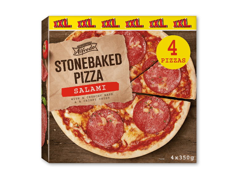 XXL stenovnsbagt salamipizza æske med 4 pizzaer, 4x350g.