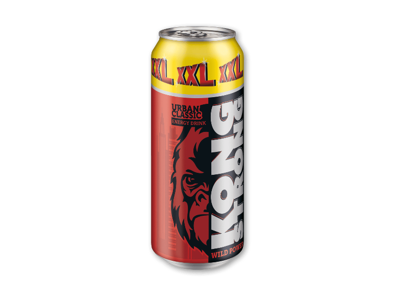 Gul og rød energidrikdåse med en gorilla og teksten 'XXL URBAN CLASSIC'.