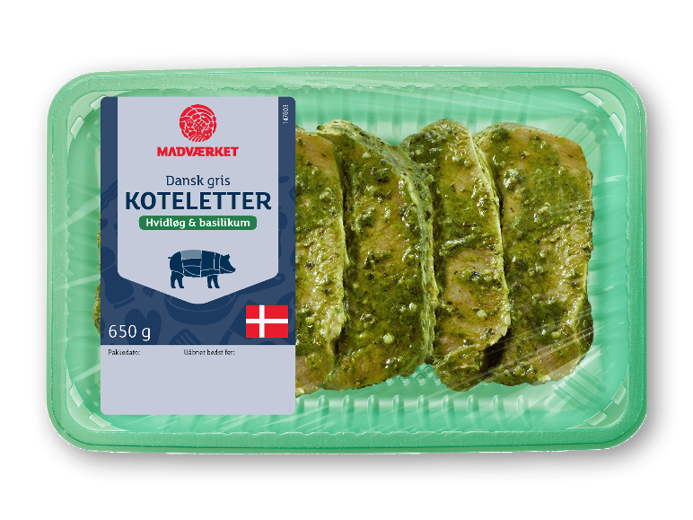 MADVÆRKET koteletter af dansk gris med hvidløg og basilikum, 650 g