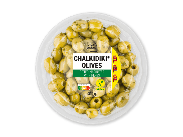 Chalkidiki oliven uden sten, marineret med urter, 300g, Nutri-Score A, Vegan