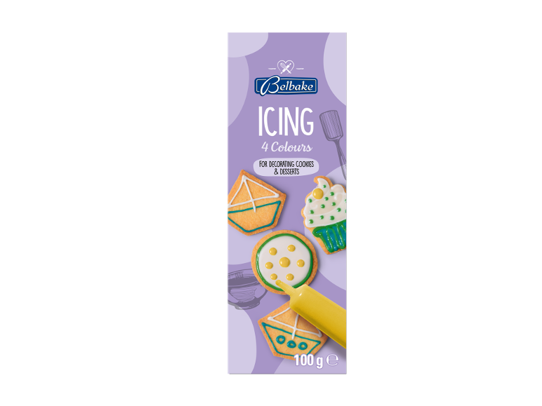 Pakke glasur i 4 farver, til dekoration af småkager og desserter, 100 g.