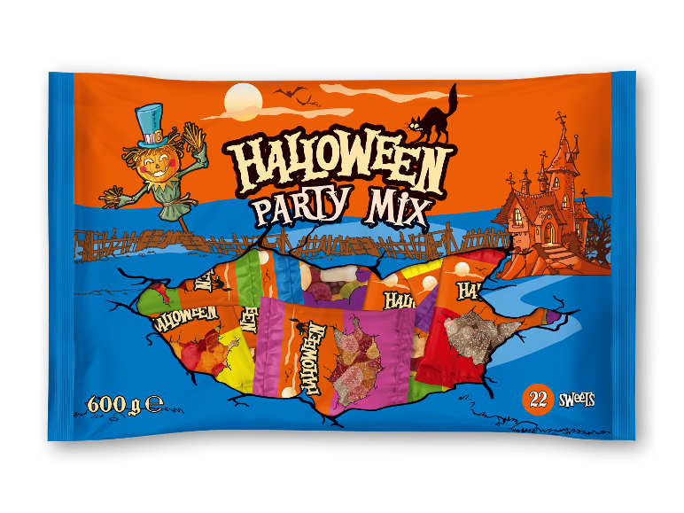 Lidl Halloween Party Mix 600g pose med uhyggelige illustrationer og 22 stykker slik.