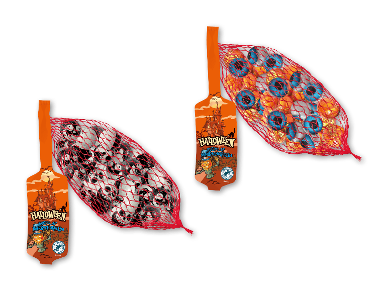 Favorina Halloween mælkechokolade-øjne og -skeletter i net.