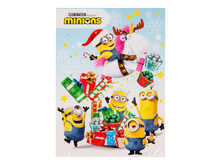 Minions julekalender med festlige illustrationer og nummererede låger
