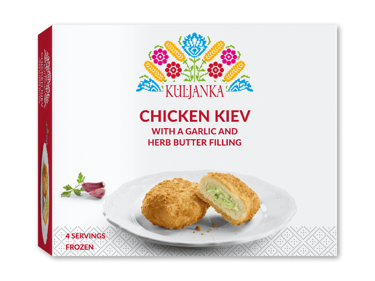 Emballage med Chicken Kiev med hvidløgs- og krydderismørfyld, 4 portioner, frossen.