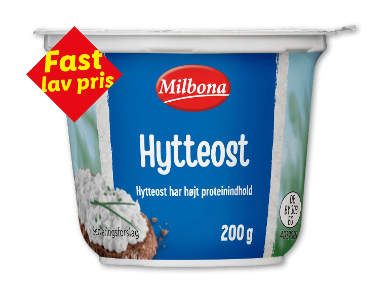 Hytteost i beholder med teksten 'Fast lav pris' og serveringsforslag, 200 g.