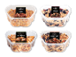Fire beholdere med nødde- og frugtblandinger: Pubmix, Sødt & Salt, Hot Snack Mix, Nødder & Frugt.