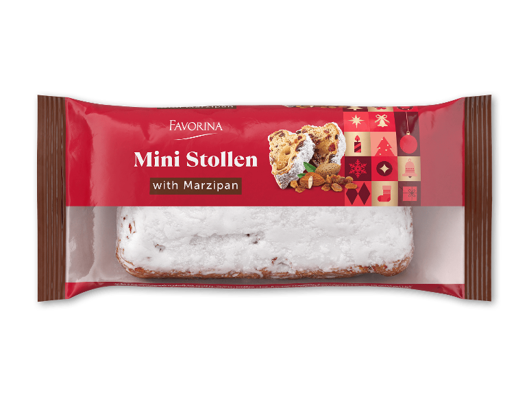 Favorina Mini Stollen med marcipan i sin røde, festlige emballage.
