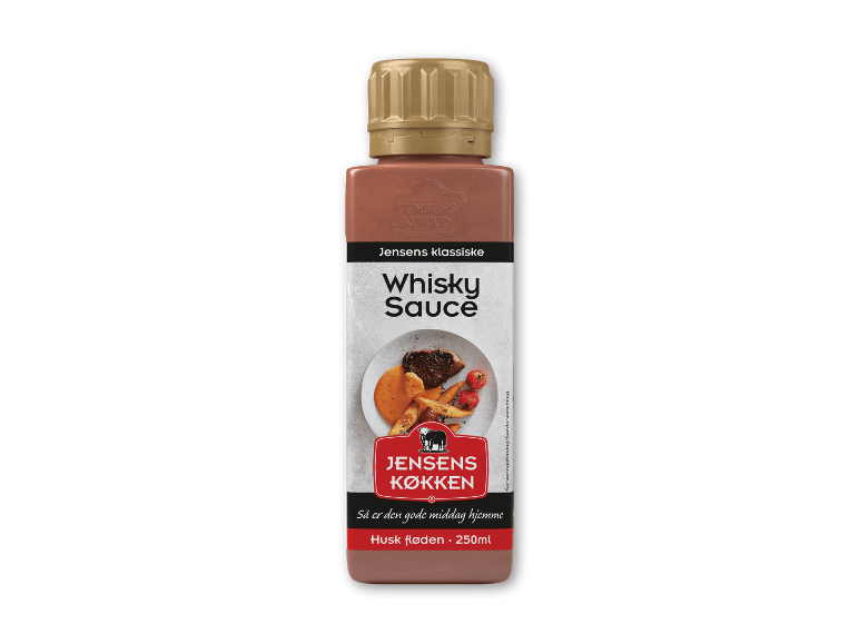 Flaske klassisk whiskysauce med et billede af bøf og fritter.