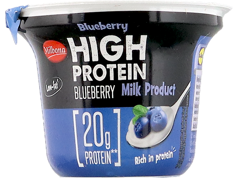 Blåbær højprotein mælkeprodukt, fedtfattigt, med 20g protein, rig på protein.