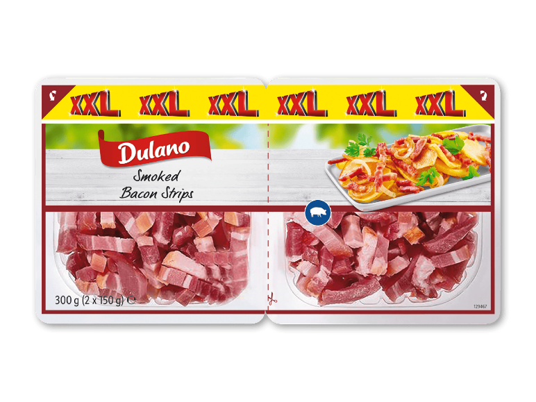 To pakker røget baconstrimler med XXL-mærkning, i alt 300g.