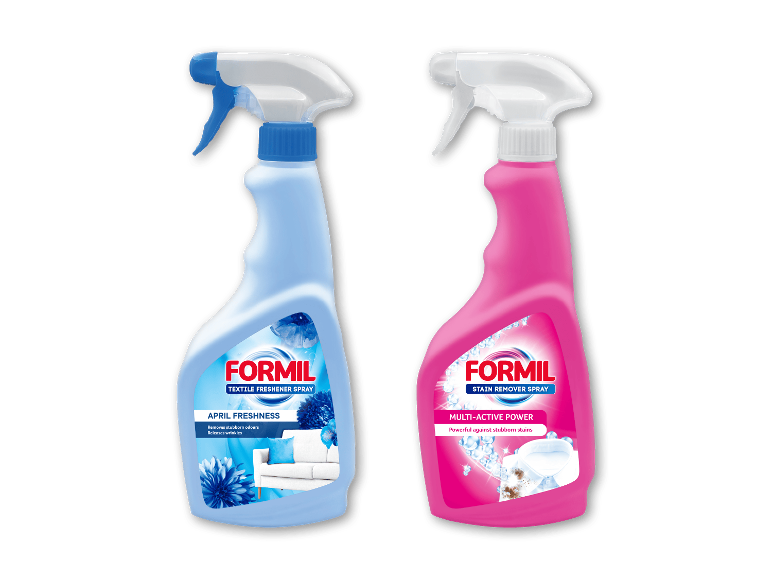 Flasker med tekstilfrisker spray og pletfjerner spray side om side