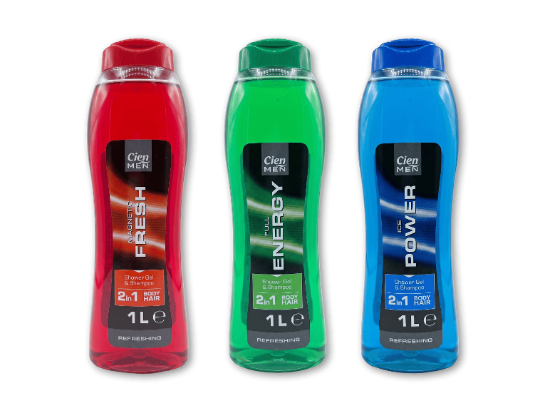 Tre flasker 2-i-1 showergel og shampoo i rød, grøn og blå.