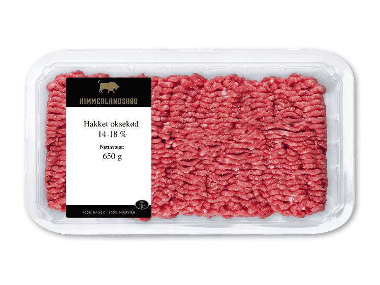 Pakke med 650 g hakket oksekød, 14-18% fedtindhold.