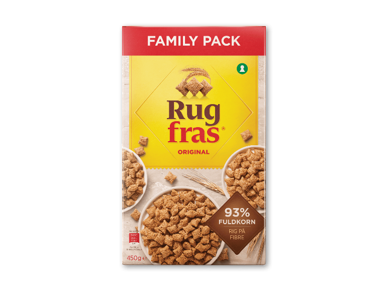 Familiepakke morgenmadsprodukt, 93% fuldkorn, rig på fibre, 450g.