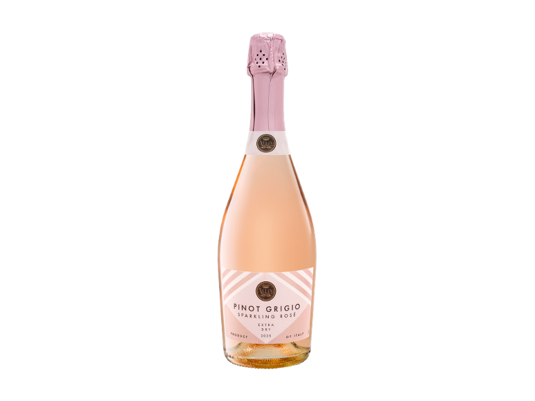 ALLINI Pinot Grigio Sparkling Rosé Extra Dry, en lyserød flaske mousserende vin.