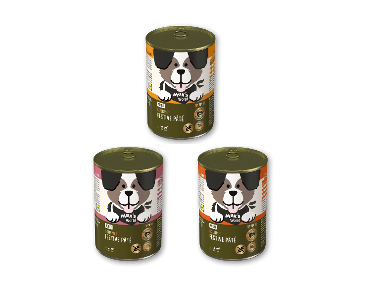 Tre dåser Max's World Gourmet Festive Pâté hundefoder.