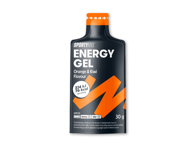 Energigel med appelsin- og kiwismag, 30g, med 76 kcal pr. portion, foretrækkes under og efter træning.