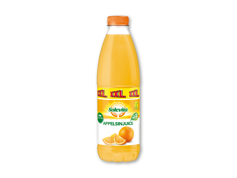Stor flaske appelsinjuice med appelsinskiver og teksten 'XXL' og 'VEGAN'.