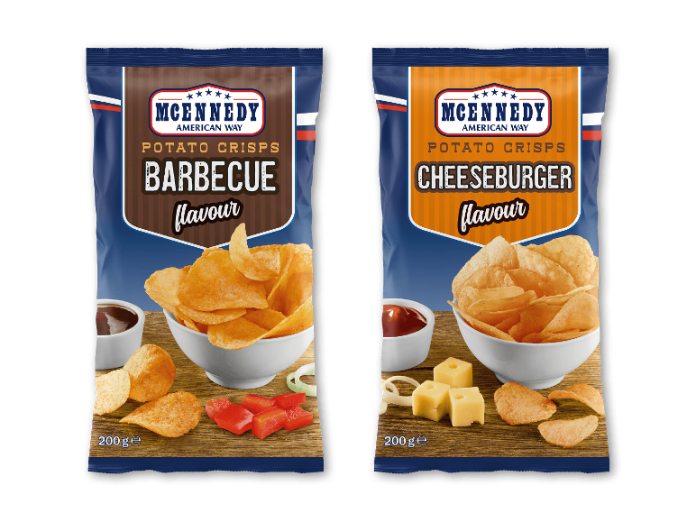 McEnnedy kartoffelchips med smag af Barbecue og Cheeseburger, 200g poser.