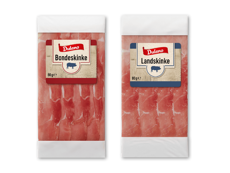 To pakker med skiveskåret skinke, den ene mærket Bondeskinke og den anden Landskinke, 80g hver.