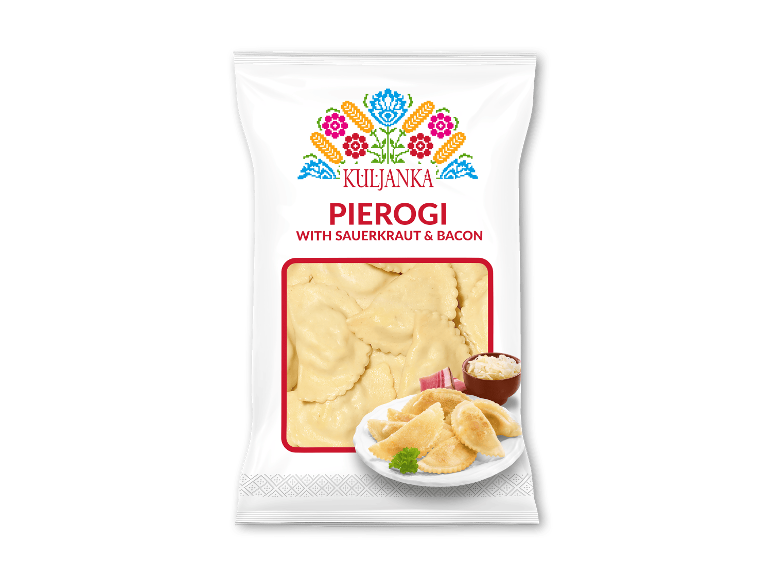 Kuljanka Pierogi med surkål og bacon emballage med traditionelt mønster.