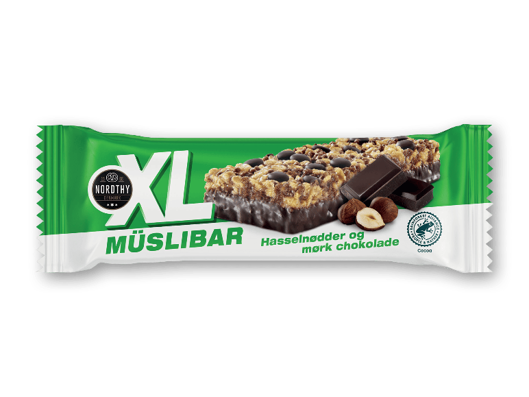 Müslibar med hasselnødder og mørk chokolade