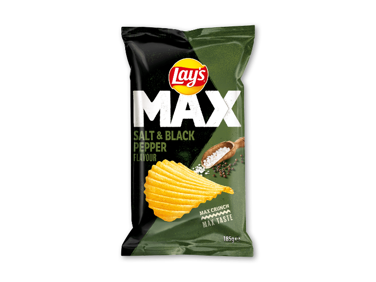 Pose chips med salt- og sort pebersmag, med en bølget chip og krydderier.